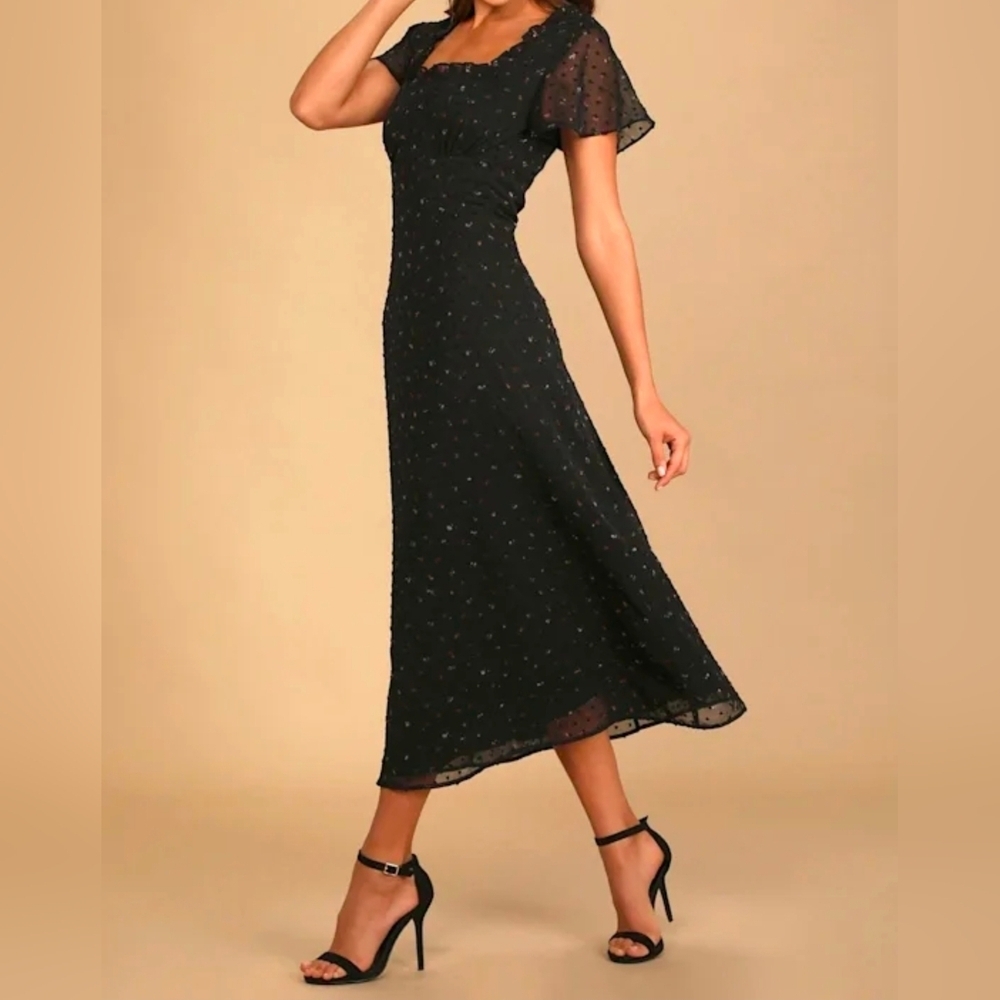 Lulus XL So Kiss Me Black Floral Print Swiss Dot Midi Dress, Size XL